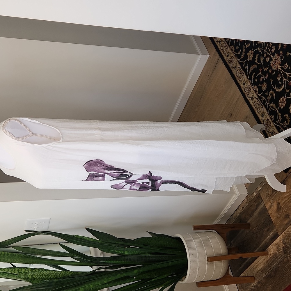 Gauze White Tunic Dress Flower Art Print Sleeveless Size XL - Picture 5 of 16